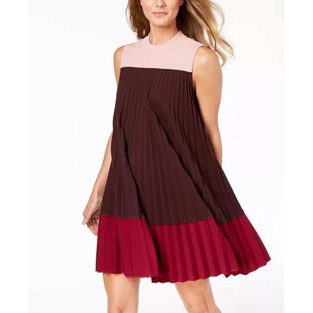 Alfani Colorblock Pleated Mock Neck Sleeveless Dress Berry Shimmer Size 10